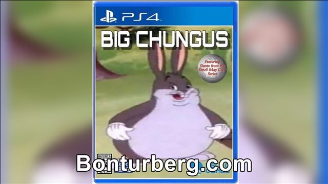 Big Chungus meme image: Big Chungus meme depicting PlayStation 4 game cover parody fat Bugs Bunny by HELLO GAMES with special feature Dante from Devil May Cry.