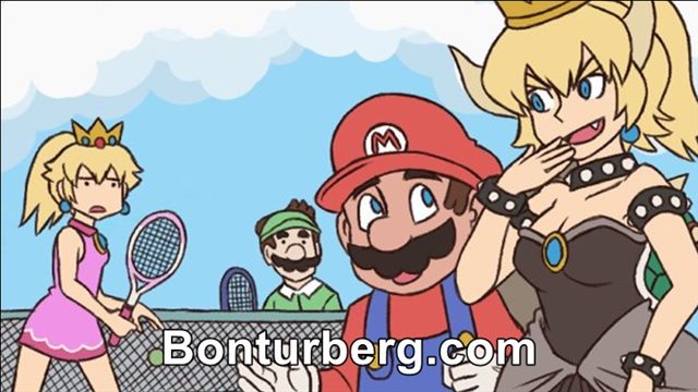 Bowsette meme image: cartoon illustration of Luigi and Princess Peach playing tennis while Mario and a female Bowser walk by.