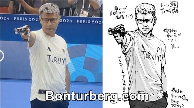 Yusuf Dikeç meme image: A split image shows Turkish shooter Yusuf Dikeç aiming a pistol at the Paris 2024 Olympics beside an ink drawing of the same pose.